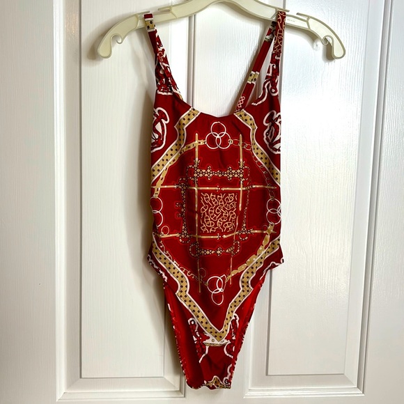 EUC HERMES women’s one piece swimsuit in red and rust print size 38/us 6 - Picture 1 of 7